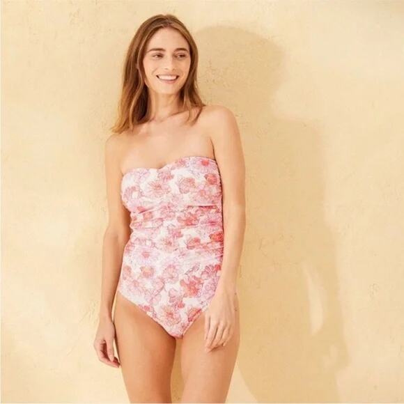 Shade & Shore NWT Women's Peach Floral Shirred Bandeau Swimsuit L (12/14) - Picture 1 of 11